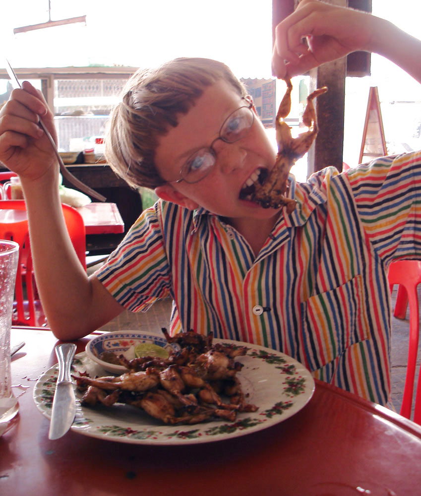 Zall, at age 9, two days before the events of his story. This is a healthy, local meal of fresh fried frog!