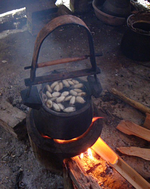 Preparing the hot water and silk cocoons for the demonstration.