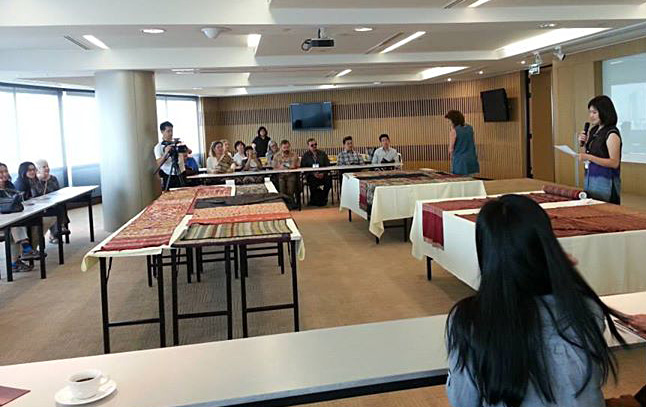 1.In Bangkok, at private showing of collection of Tilekke & Gibbons Collection textiles – Maren at back left of audience. Photo courtesy of John Ang, Samyama Co., Ltd., Taipei, a fellow conference attendee.  