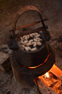 The silkworms in boiling water being prepared to be hand-reeled.